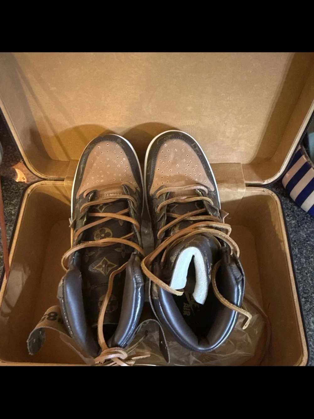 Off-Louis LV Air Jordan 1 High Top Sneakers Brown/Tan Monogram Lace-Up